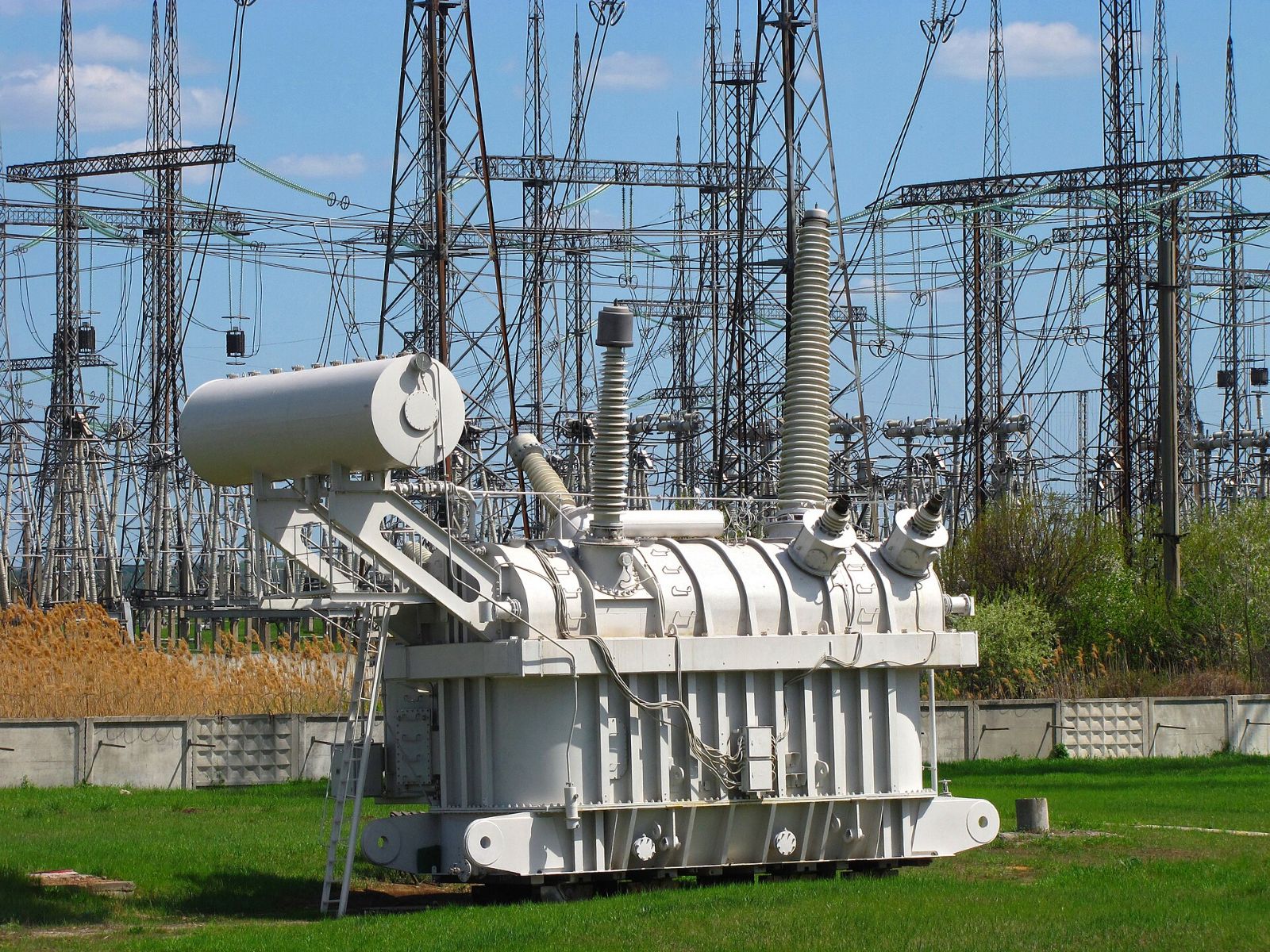 High-voltage power transformer at an electrical substation